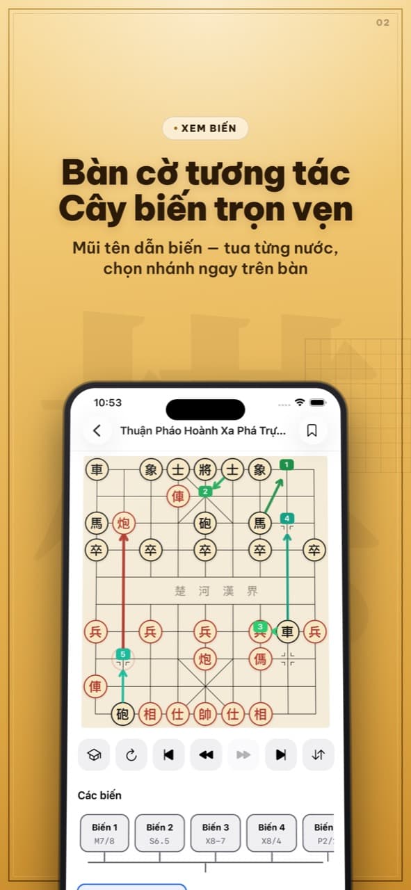 Bàn cờ tương tác với mũi tên dẫn biến và danh sách các biến