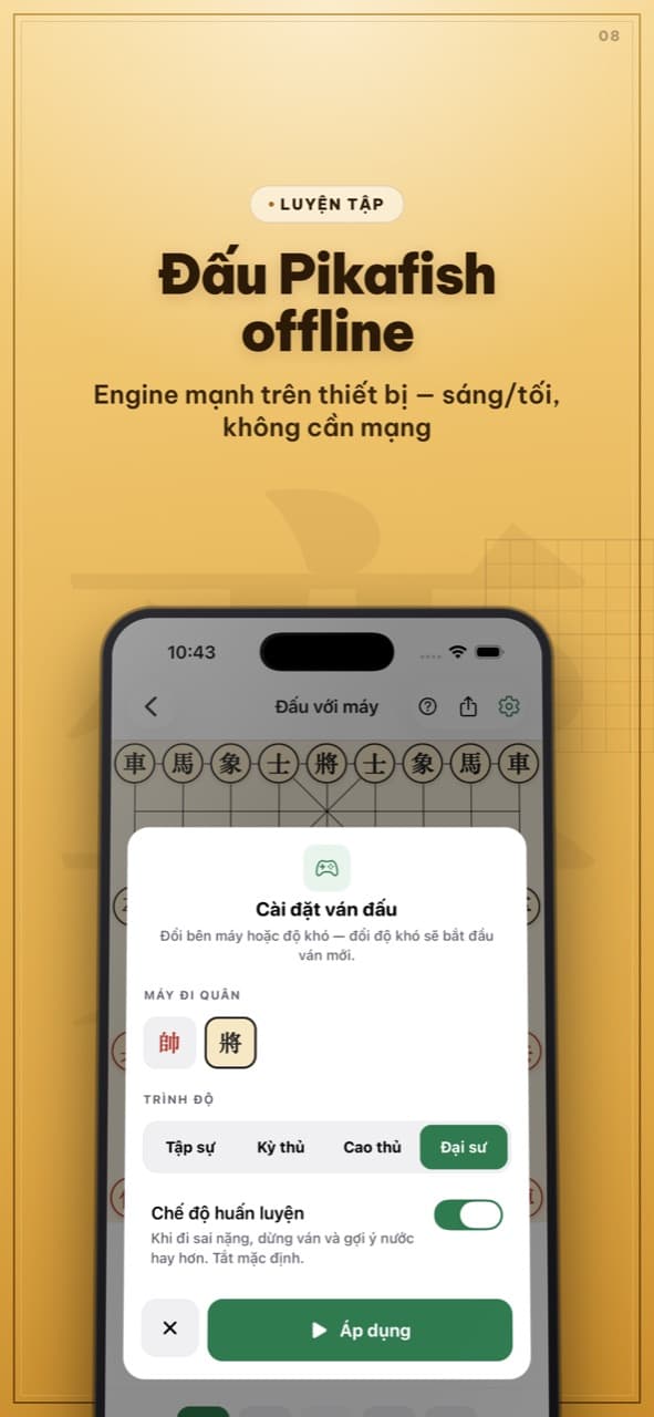 Cài đặt ván đấu Pikafish với bốn mức trình độ