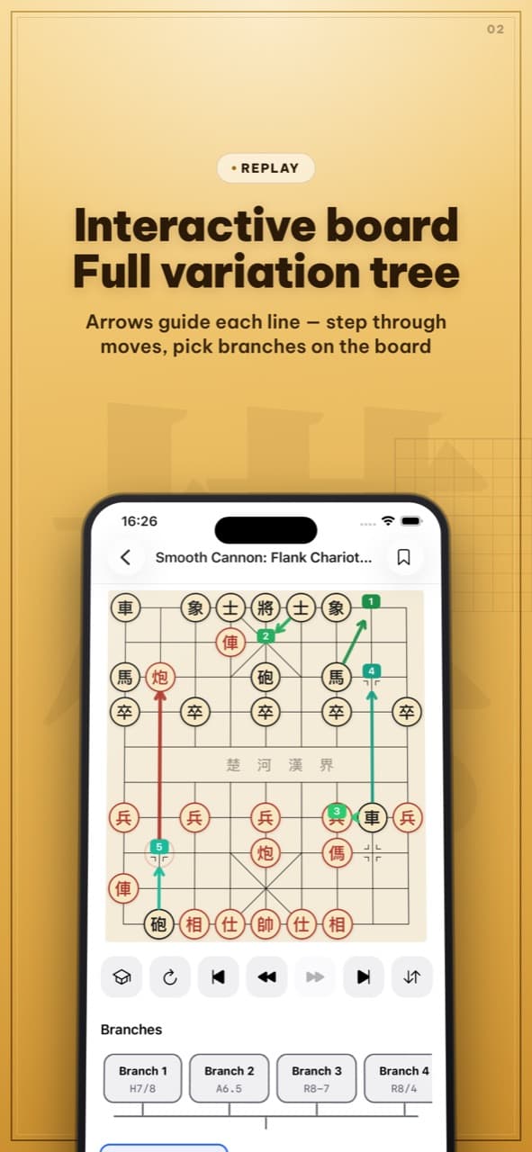 Interactive board with variation arrows and a list of branches