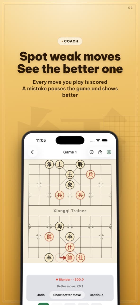 Coach mode catching a weak move and suggesting a better one